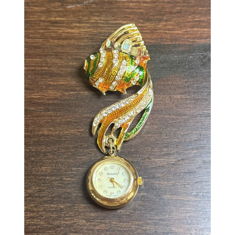 Vintage‎ Bonetto Goldfish 3.5" Enameled Watch Brooch Pin Quartz Untested As Is